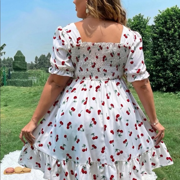 Boho Plus Size Off White Red Cherry Print Rockabilly Shirred Smocked Dress - Picture 6 of 6